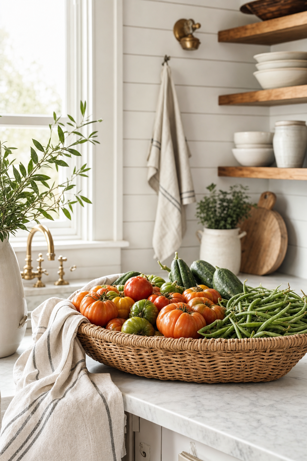 Heirloom tomatoes and green beans in a rattan basket on a marble farmhouse counter