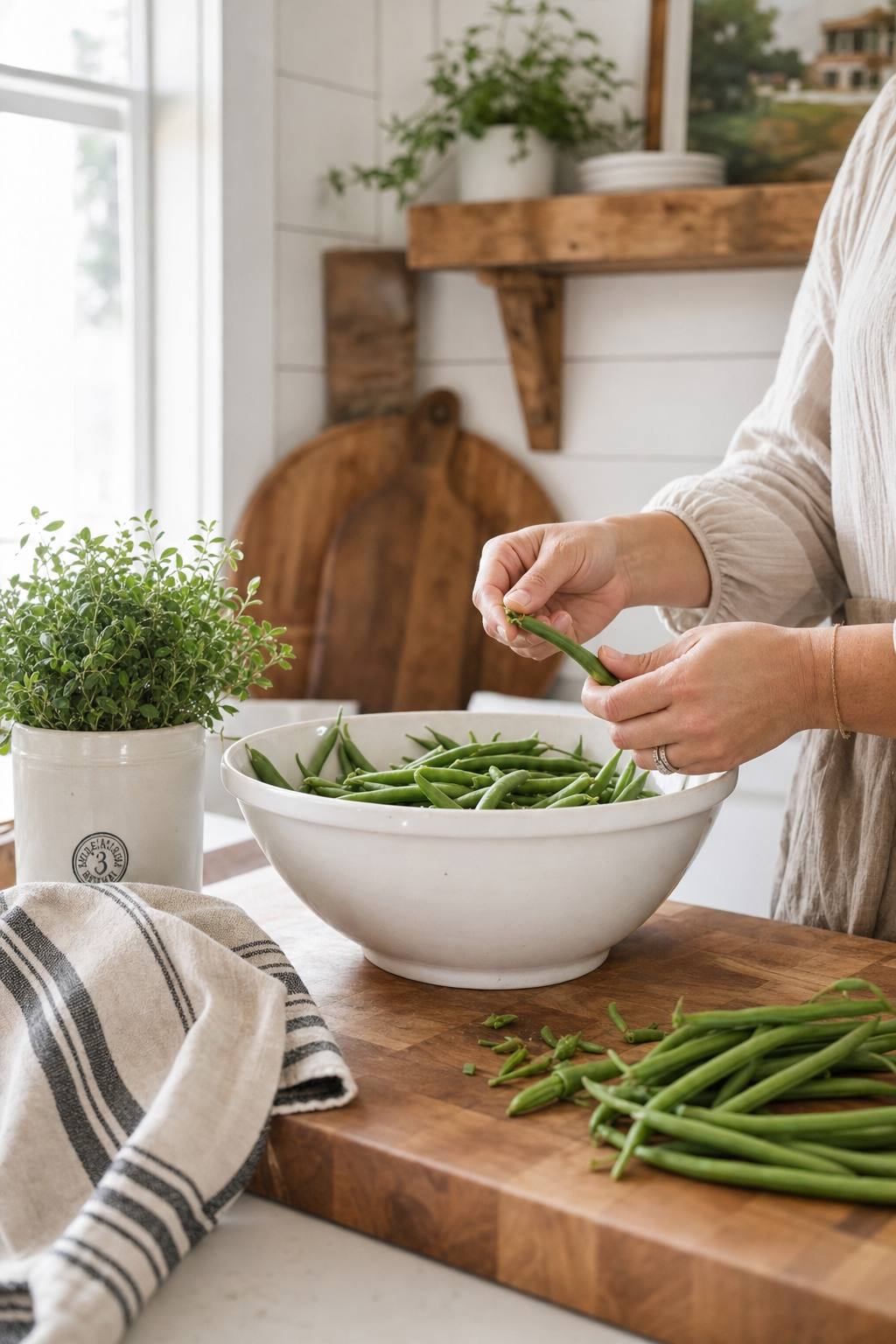 Hands snapping fresh green beans over a white ceramic bowl on a butcher block counter