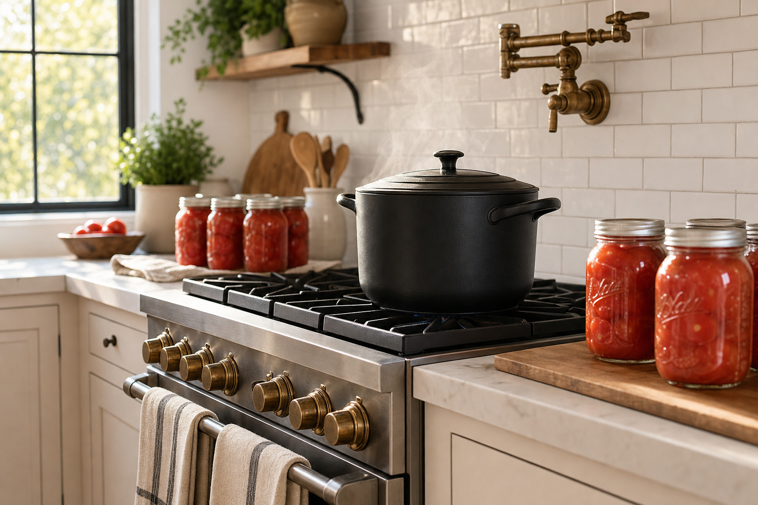 A large black enamel stockpot on a gas range with mason jars of tomatoes visible inside, steam rising