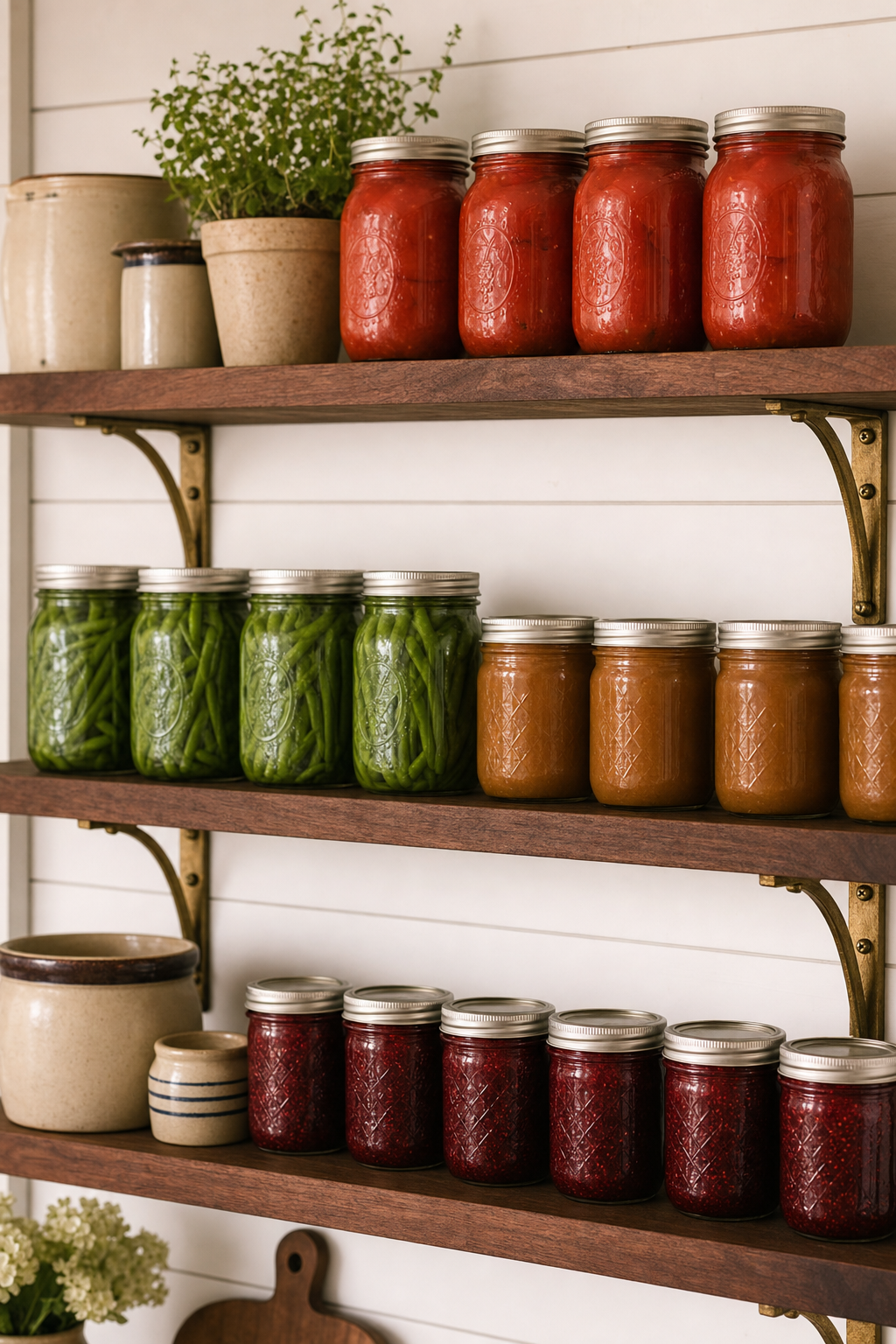 Rows of sealed Ball mason jars — tomatoes, green beans, apple butter, jam — on walnut floating shelves with brass brackets